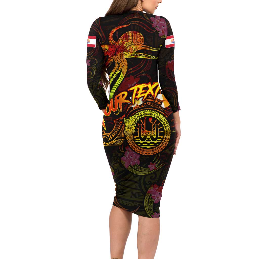 Tahiti French Polynesia Family Matching Long Sleeve Bodycon Dress and Hawaiian Shirt Octopus Plumeria Polynesian Tattoo