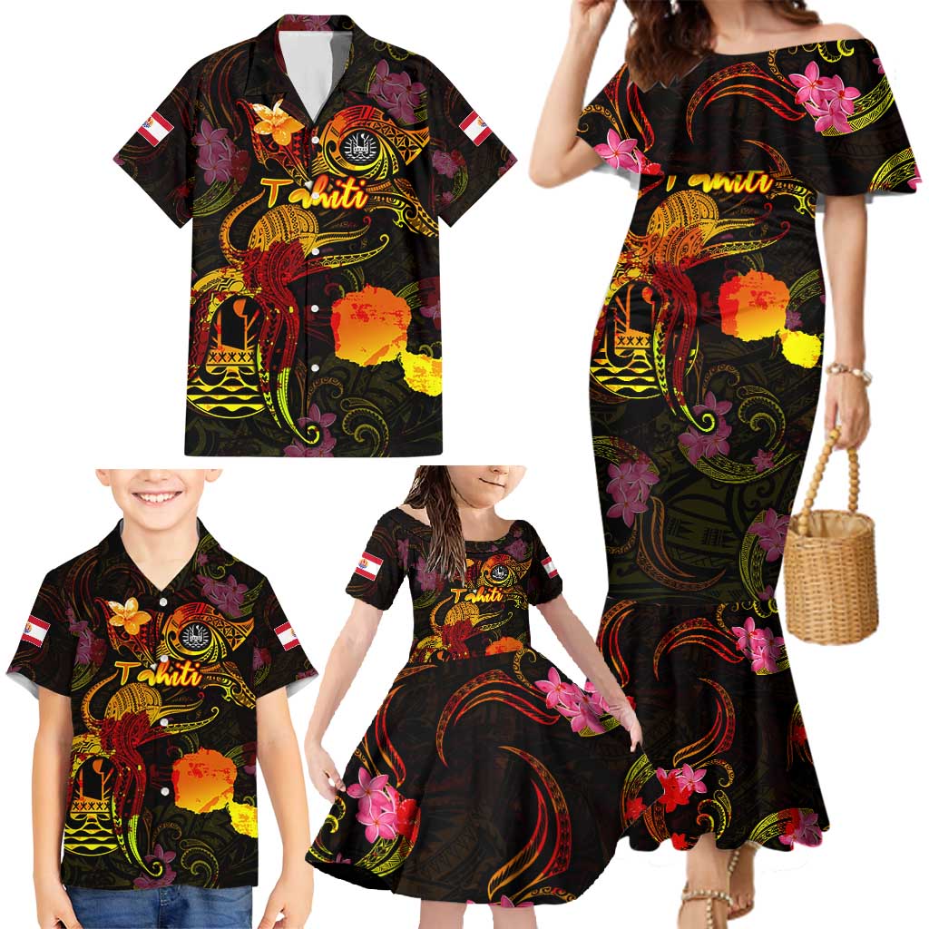 Tahiti French Polynesia Family Matching Mermaid Dress and Hawaiian Shirt Octopus Plumeria Polynesian Tattoo