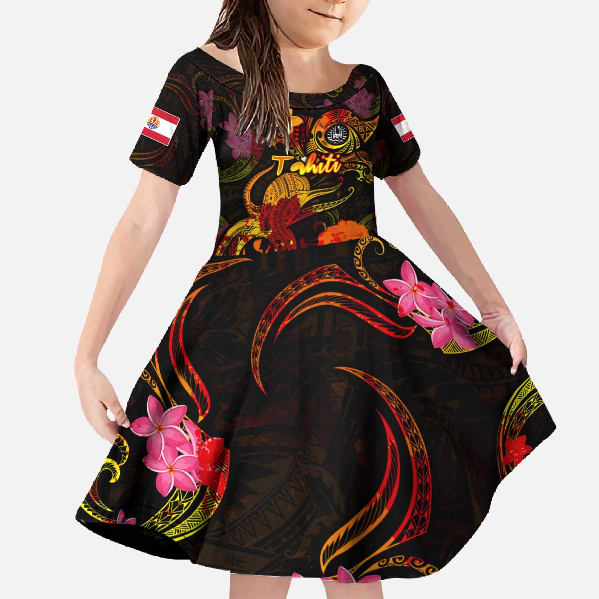 Tahiti French Polynesia Family Matching Off The Shoulder Long Sleeve Dress and Hawaiian Shirt Octopus Plumeria Polynesian Tattoo