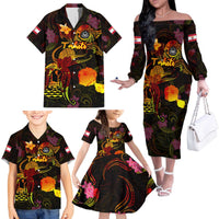 Tahiti French Polynesia Family Matching Off The Shoulder Long Sleeve Dress and Hawaiian Shirt Octopus Plumeria Polynesian Tattoo