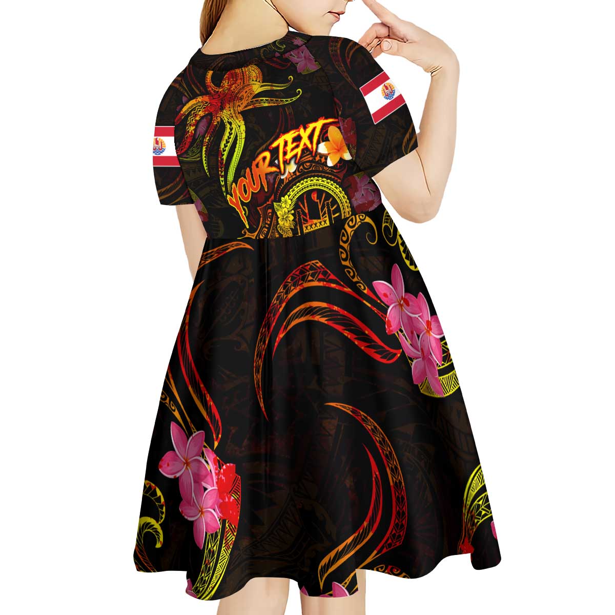 Tahiti French Polynesia Kid Short Sleeve Dress Octopus Plumeria Polynesian Tattoo