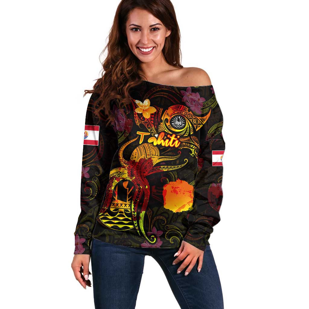 Tahiti French Polynesia Off Shoulder Sweater Octopus Plumeria Polynesian Tattoo