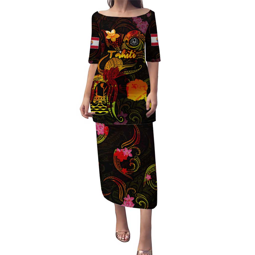 Tahiti French Polynesia Puletasi Octopus Plumeria Polynesian Tattoo DT02 Long Dress Black - Polynesian Pride
