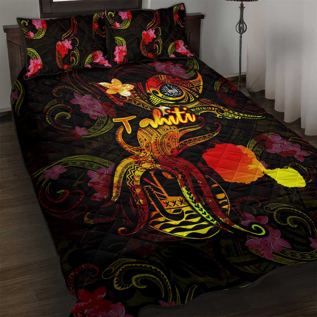 Tahiti French Polynesia Quilt Bed Set Octopus Plumeria Polynesian Tattoo