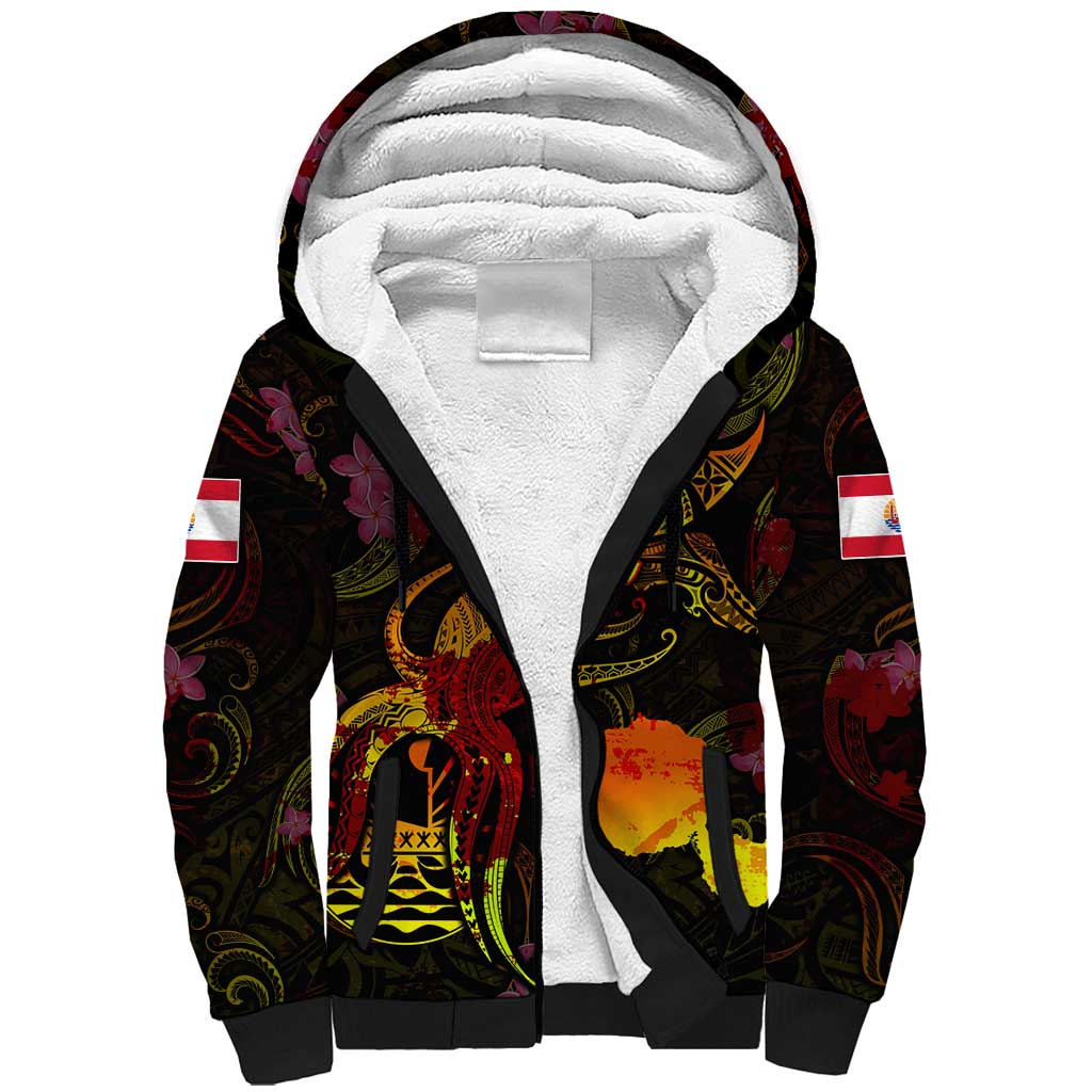 Tahiti French Polynesia Sherpa Hoodie Octopus Plumeria Polynesian Tattoo DT02 Unisex Black - Polynesian Pride