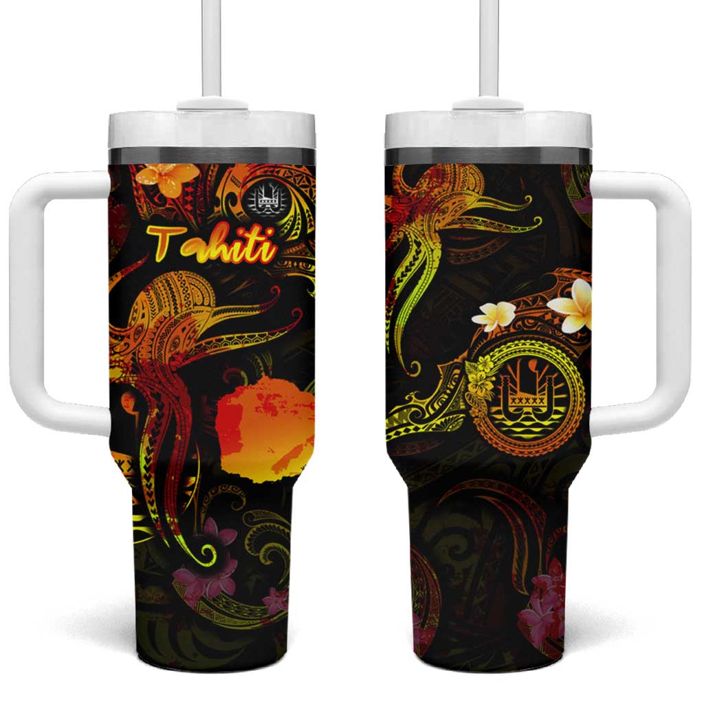 Tahiti French Polynesia Tumbler With Handle Octopus Plumeria Polynesian Tattoo