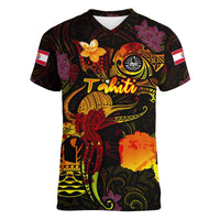 Tahiti French Polynesia Women V-Neck T-Shirt Octopus Plumeria Polynesian Tattoo