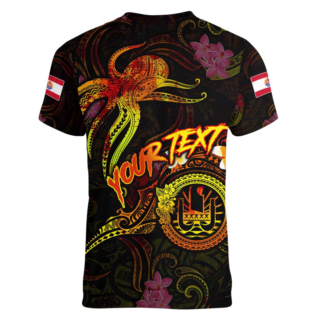 Tahiti French Polynesia Women V-Neck T-Shirt Octopus Plumeria Polynesian Tattoo