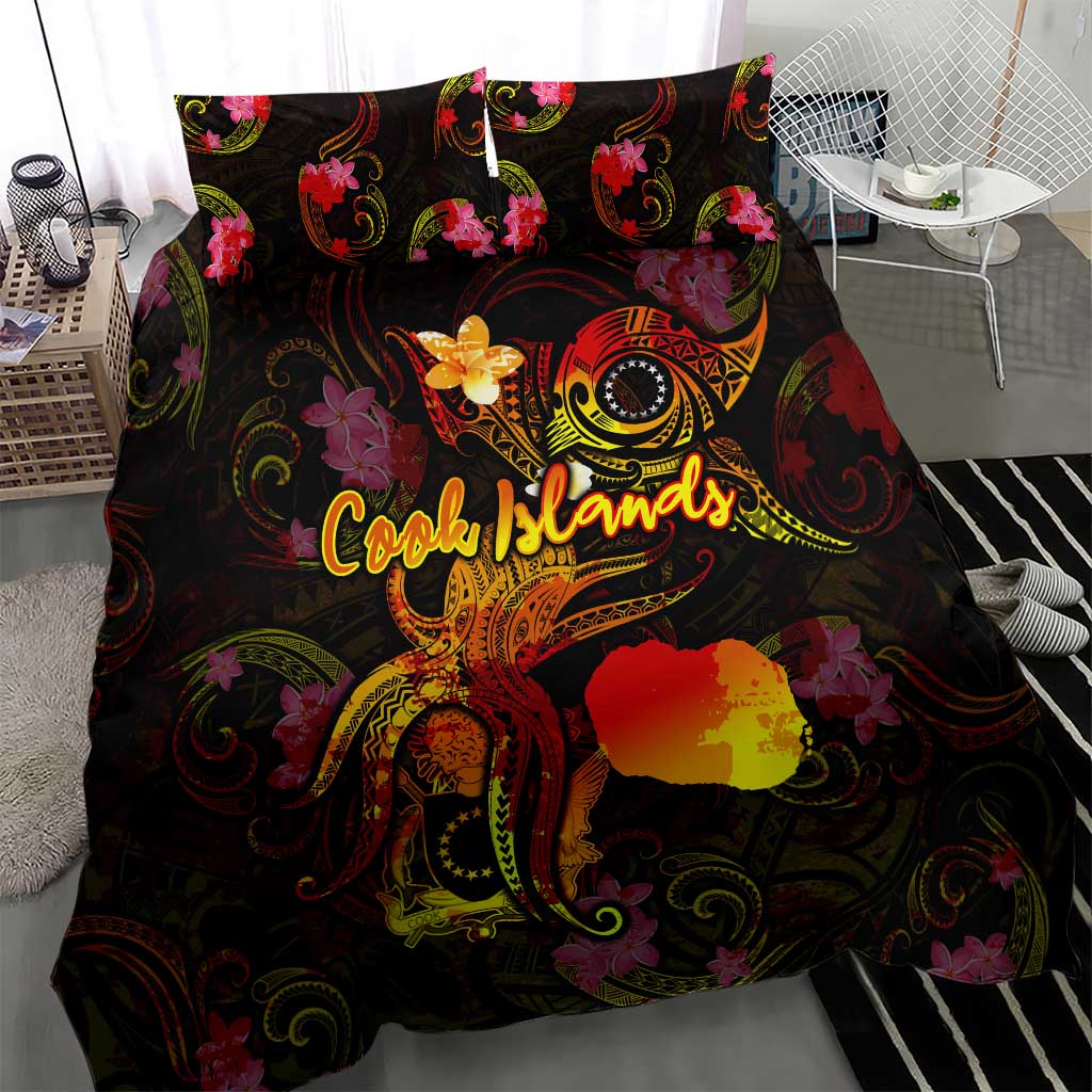 Cook Islands Bedding Set Octopus Plumeria Polynesian Tattoo