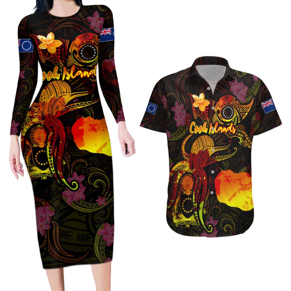 Cook Islands Couples Matching Long Sleeve Bodycon Dress and Hawaiian Shirt Octopus Plumeria Polynesian Tattoo