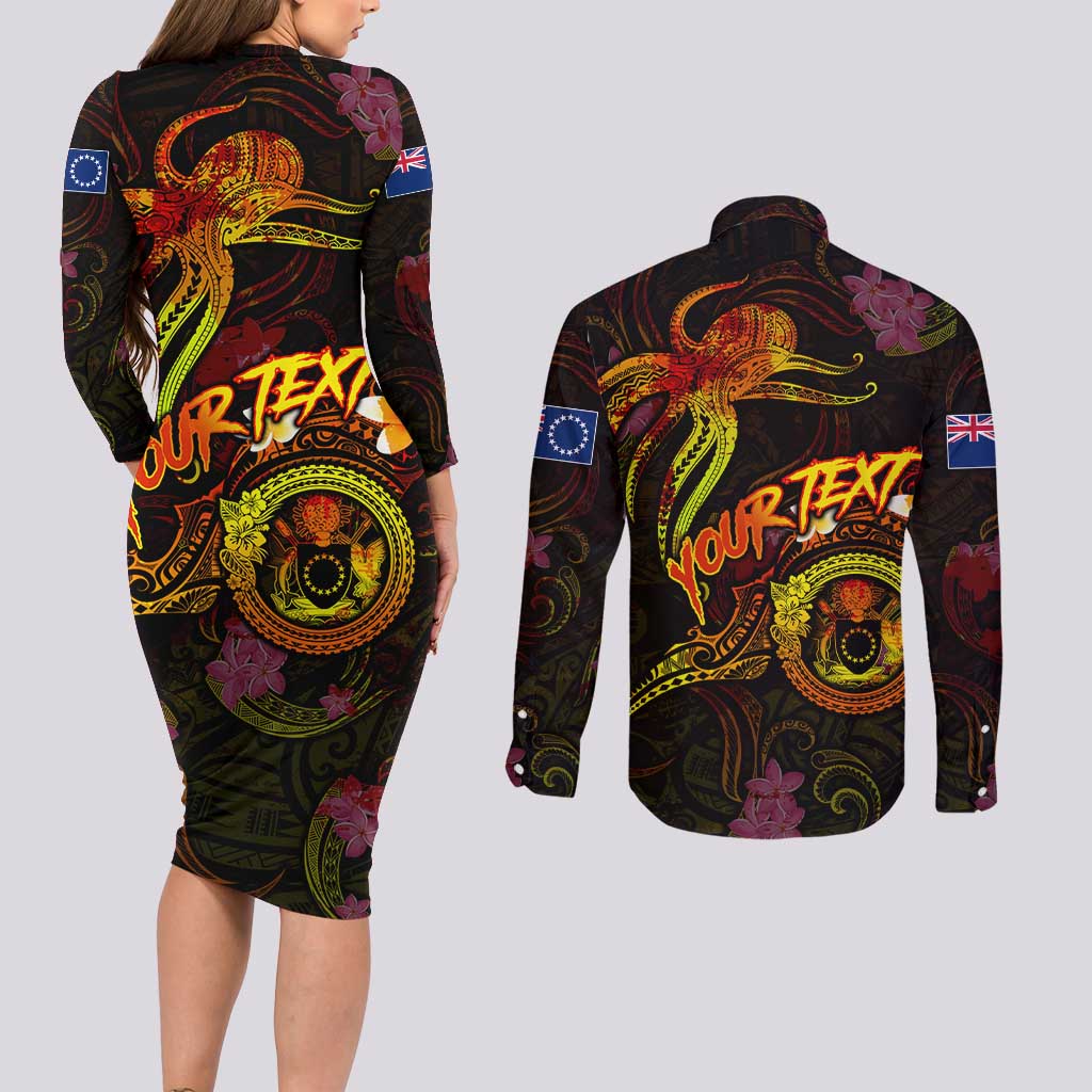 Cook Islands Couples Matching Long Sleeve Bodycon Dress and Long Sleeve Button Shirt Octopus Plumeria Polynesian Tattoo