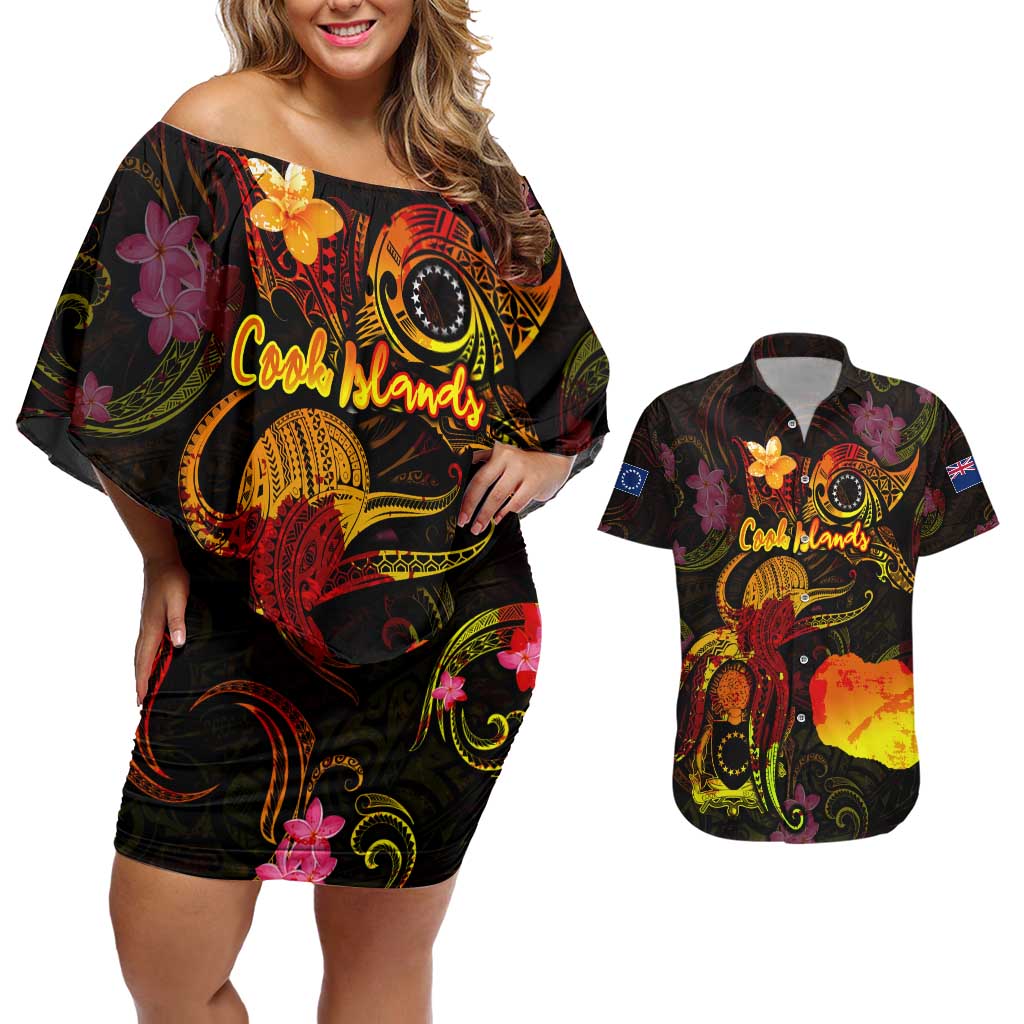 Cook Islands Couples Matching Off Shoulder Short Dress and Hawaiian Shirt Octopus Plumeria Polynesian Tattoo