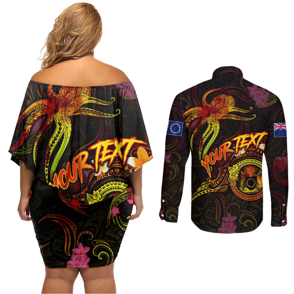 Cook Islands Couples Matching Off Shoulder Short Dress and Long Sleeve Button Shirt Octopus Plumeria Polynesian Tattoo