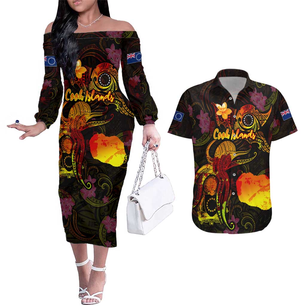 Cook Islands Couples Matching Off The Shoulder Long Sleeve Dress and Hawaiian Shirt Octopus Plumeria Polynesian Tattoo