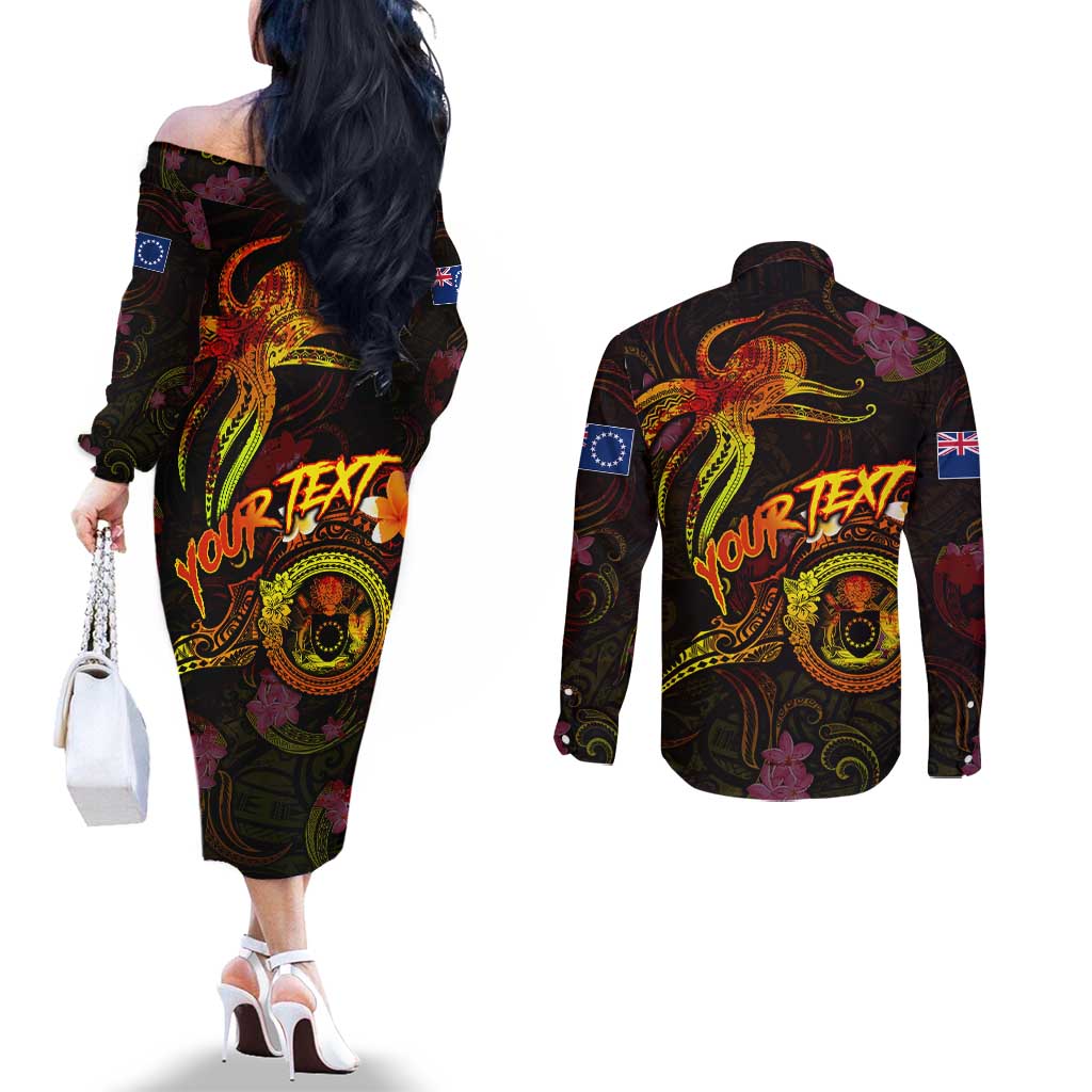 Cook Islands Couples Matching Off The Shoulder Long Sleeve Dress and Long Sleeve Button Shirt Octopus Plumeria Polynesian Tattoo