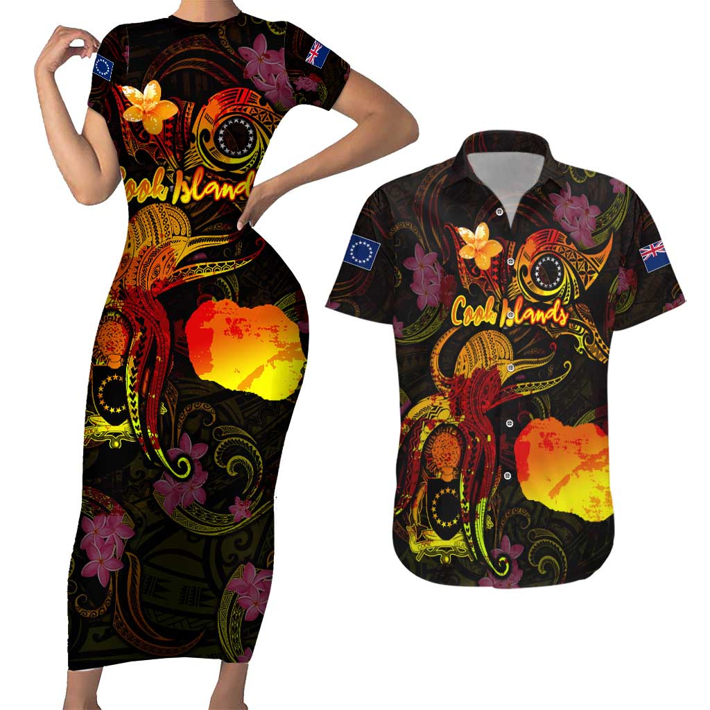 Cook Islands Couples Matching Short Sleeve Bodycon Dress and Hawaiian Shirt Octopus Plumeria Polynesian Tattoo