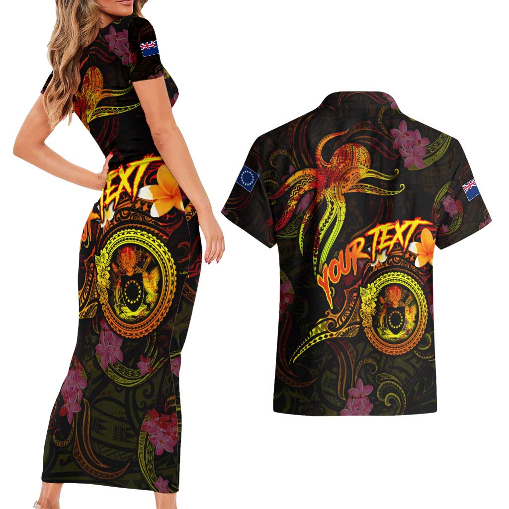 Cook Islands Couples Matching Short Sleeve Bodycon Dress and Hawaiian Shirt Octopus Plumeria Polynesian Tattoo