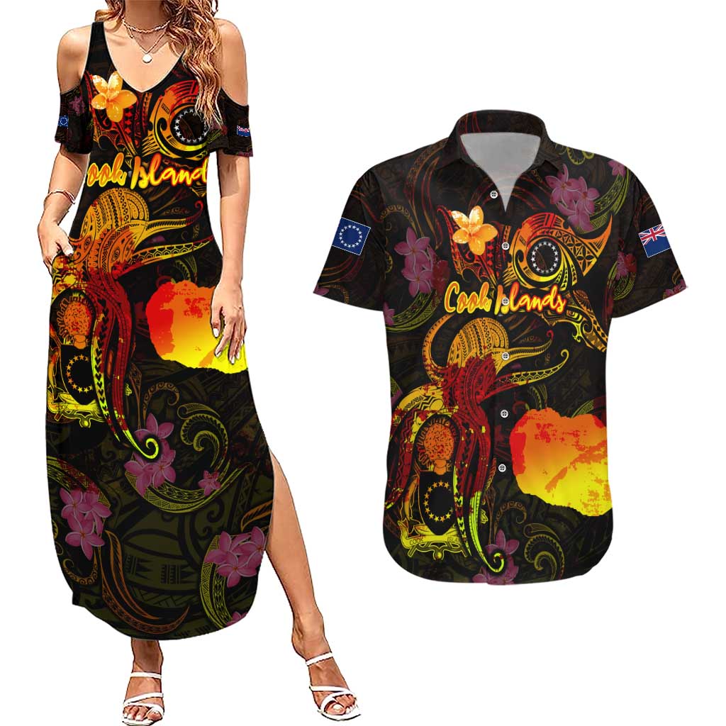 Cook Islands Couples Matching Summer Maxi Dress and Hawaiian Shirt Octopus Plumeria Polynesian Tattoo