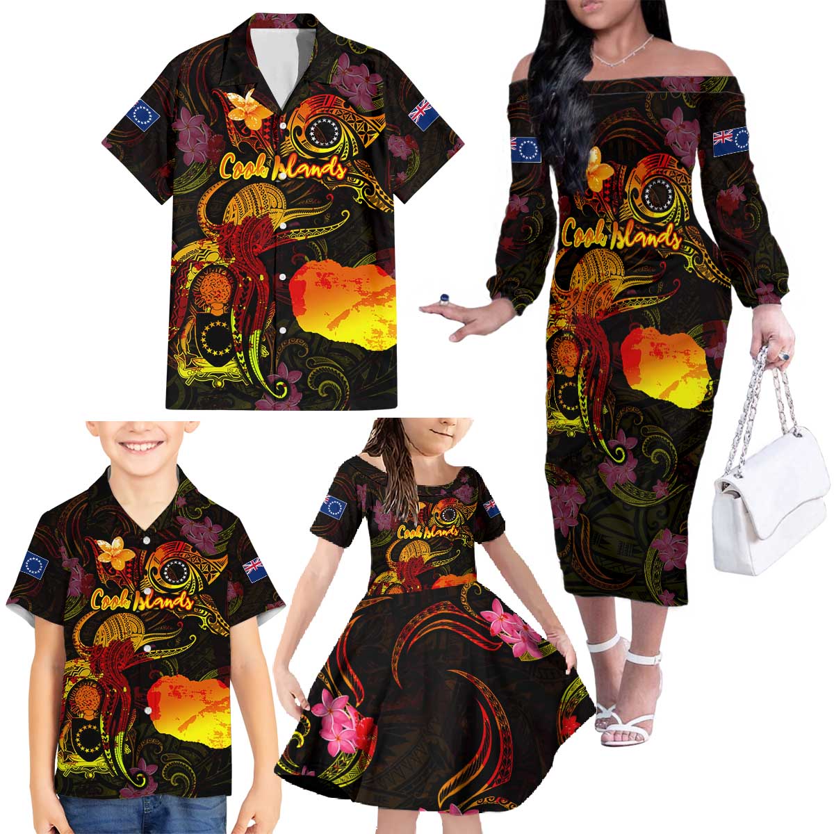 Cook Islands Family Matching Off The Shoulder Long Sleeve Dress and Hawaiian Shirt Octopus Plumeria Polynesian Tattoo