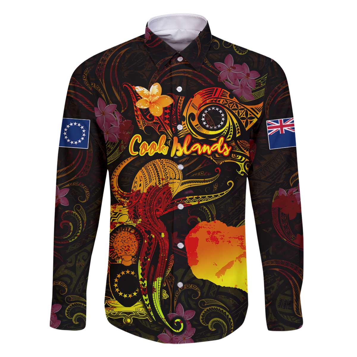 Cook Islands Family Matching Off The Shoulder Long Sleeve Dress and Hawaiian Shirt Octopus Plumeria Polynesian Tattoo