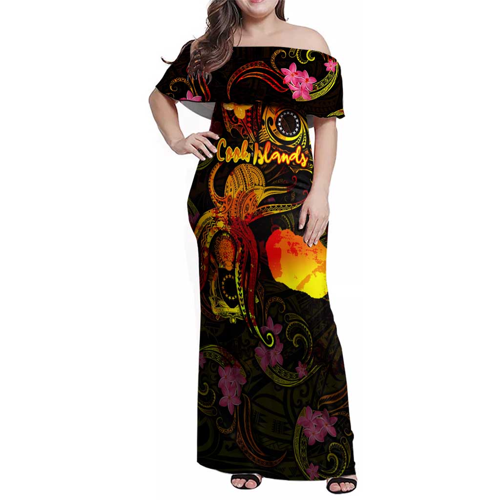 Cook Islands Family Matching Off Shoulder Maxi Dress and Hawaiian Shirt Octopus Plumeria Polynesian Tattoo