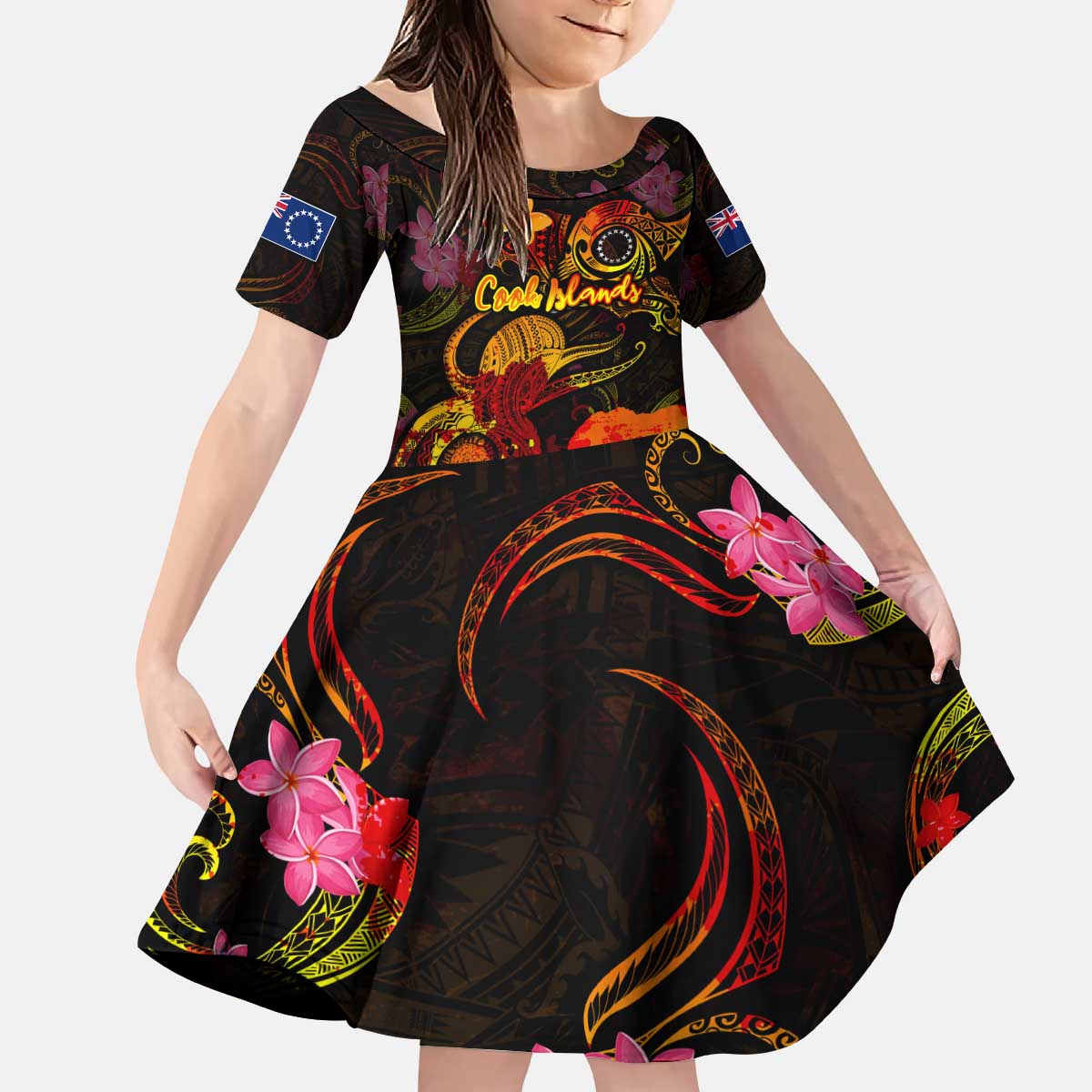 Cook Islands Kid Short Sleeve Dress Octopus Plumeria Polynesian Tattoo DT02 KID Black - Polynesian Pride