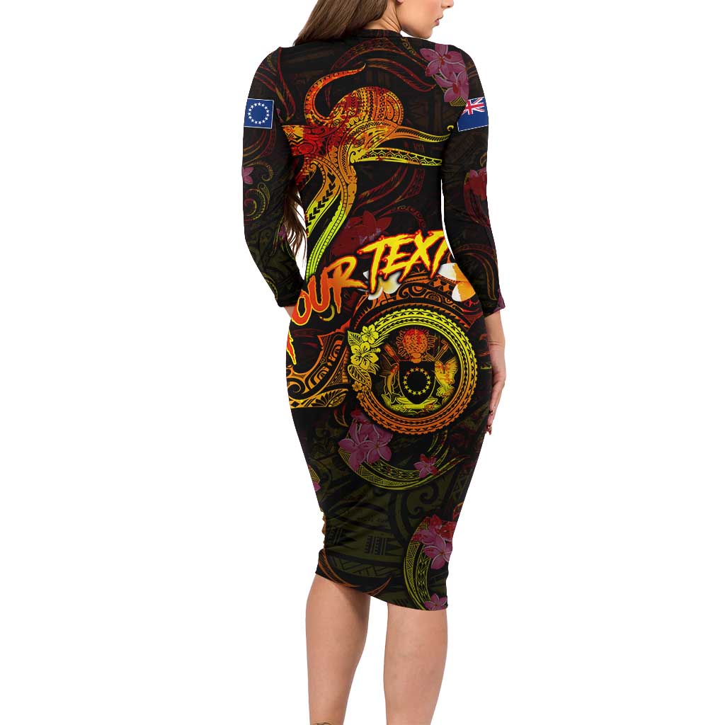 Cook Islands Long Sleeve Bodycon Dress Octopus Plumeria Polynesian Tattoo