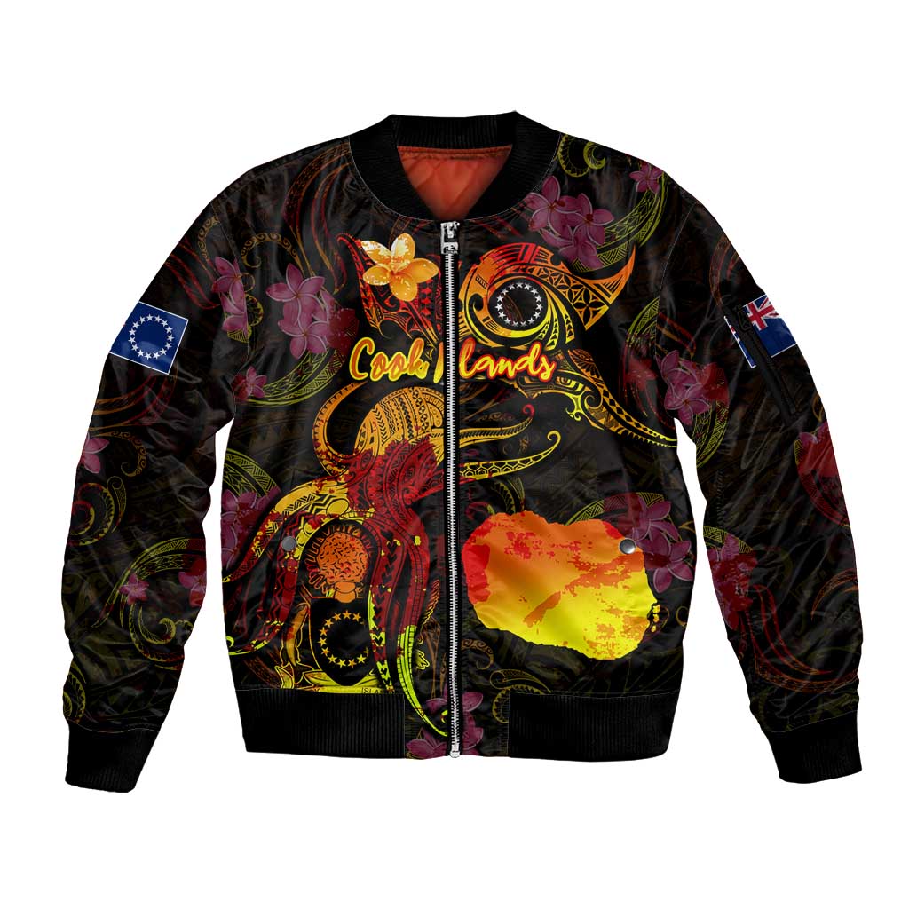 Cook Islands Sleeve Zip Bomber Jacket Octopus Plumeria Polynesian Tattoo