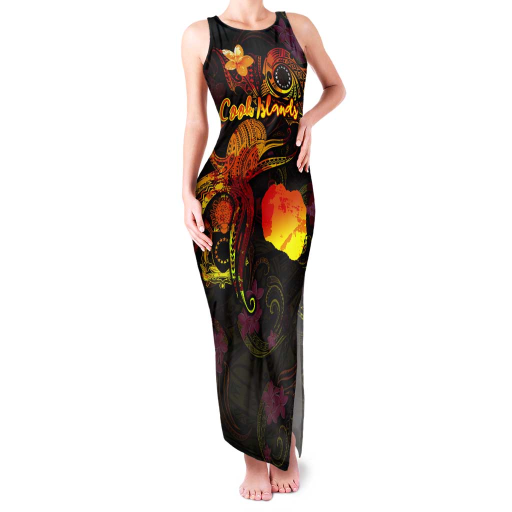 Cook Islands Tank Maxi Dress Octopus Plumeria Polynesian Tattoo DT02 Women Black - Polynesian Pride