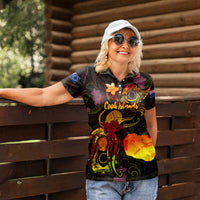 Cook Islands Women Polo Shirt Octopus Plumeria Polynesian Tattoo