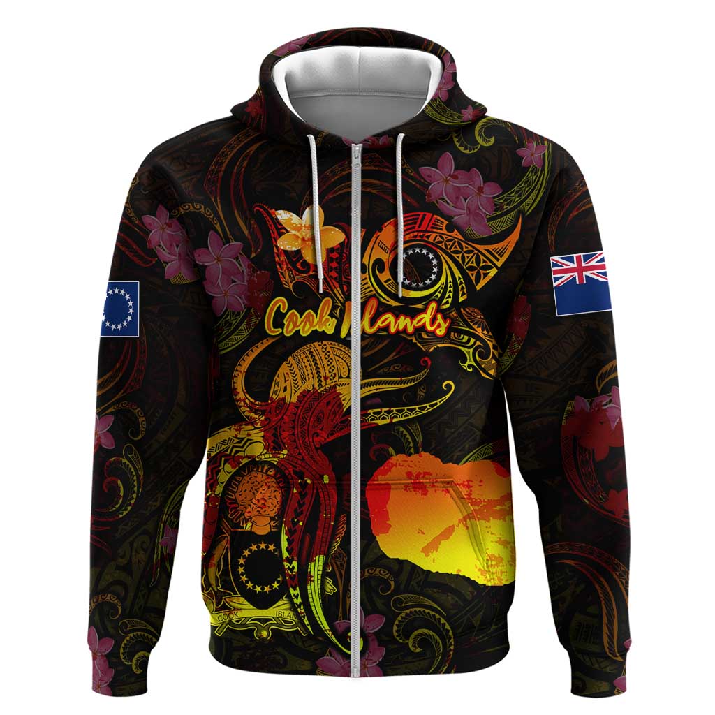 Cook Islands Zip Hoodie Octopus Plumeria Polynesian Tattoo