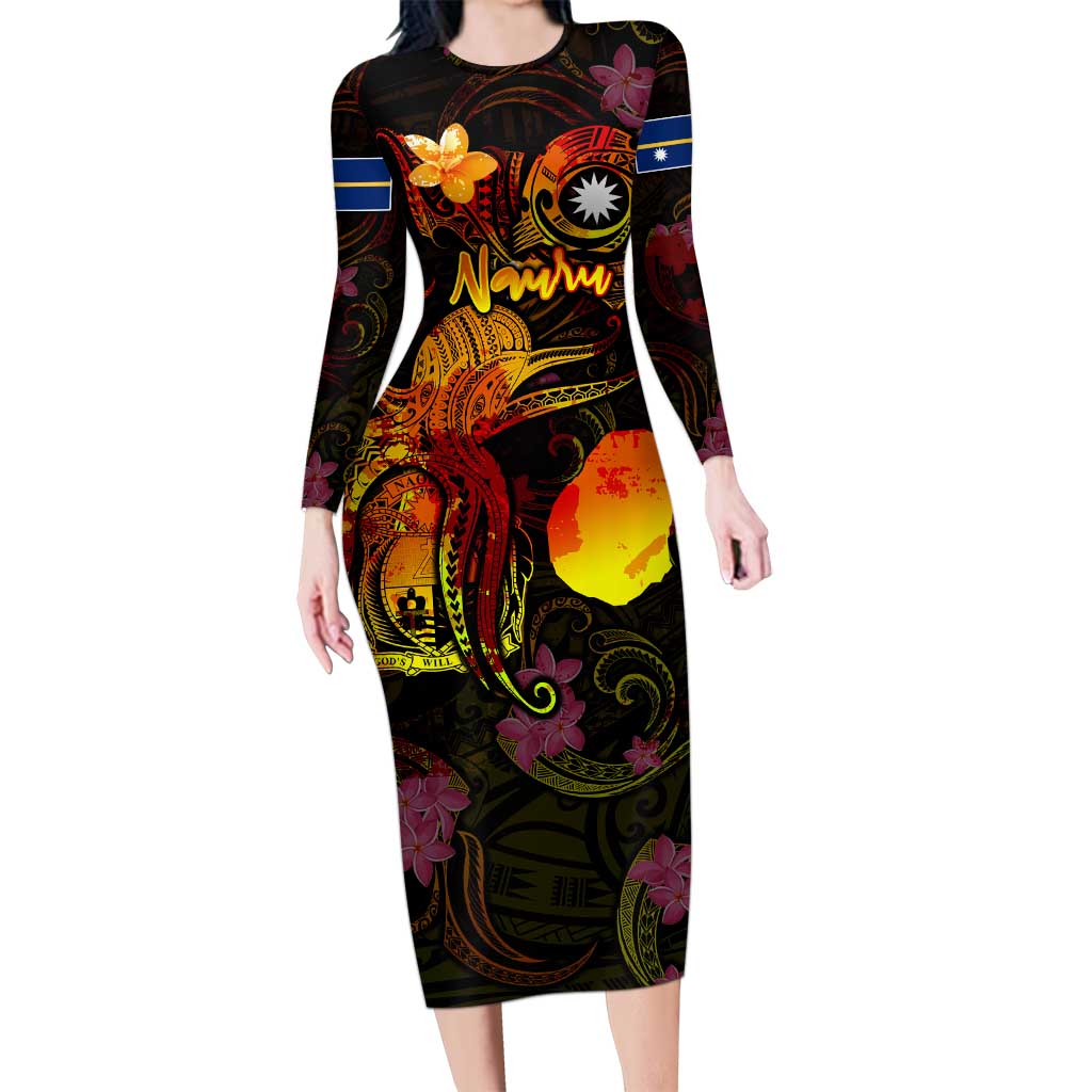 Nauru Family Matching Long Sleeve Bodycon Dress and Hawaiian Shirt Octopus Plumeria Polynesian Tattoo