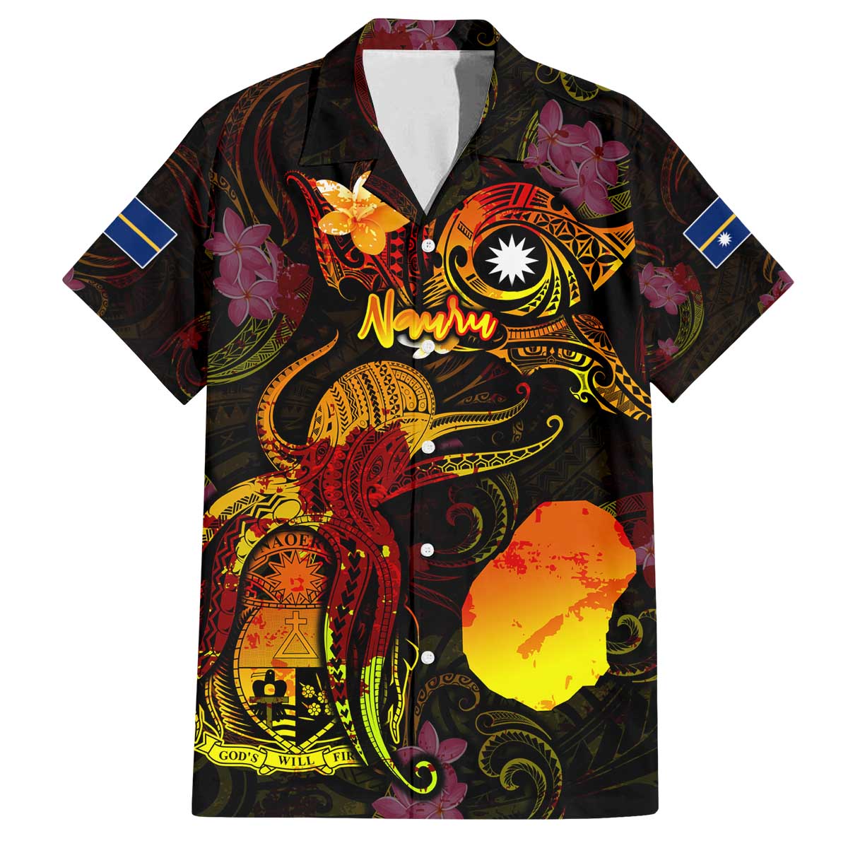 Nauru Family Matching Off The Shoulder Long Sleeve Dress and Hawaiian Shirt Octopus Plumeria Polynesian Tattoo