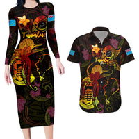 Tuvalu Couples Matching Long Sleeve Bodycon Dress and Hawaiian Shirt Octopus Plumeria Polynesian Tattoo
