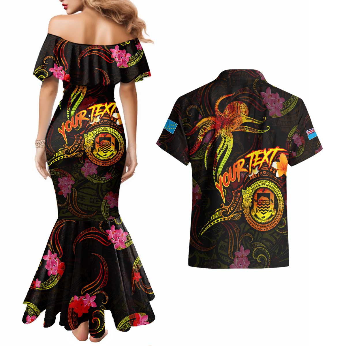 Tuvalu Couples Matching Mermaid Dress and Hawaiian Shirt Octopus Plumeria Polynesian Tattoo