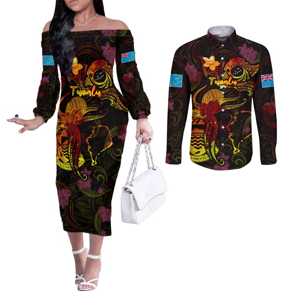 Tuvalu Couples Matching Off The Shoulder Long Sleeve Dress and Long Sleeve Button Shirt Octopus Plumeria Polynesian Tattoo