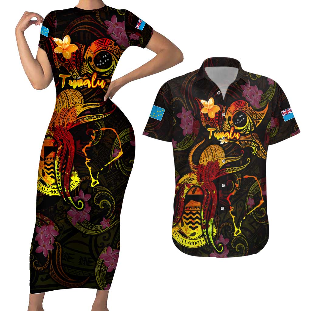 Tuvalu Couples Matching Short Sleeve Bodycon Dress and Hawaiian Shirt Octopus Plumeria Polynesian Tattoo