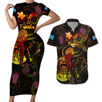 Tuvalu Couples Matching Short Sleeve Bodycon Dress and Hawaiian Shirt Octopus Plumeria Polynesian Tattoo