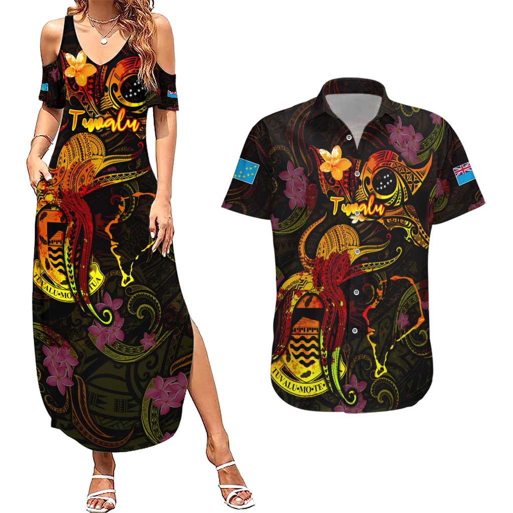 Tuvalu Couples Matching Summer Maxi Dress and Hawaiian Shirt Octopus Plumeria Polynesian Tattoo