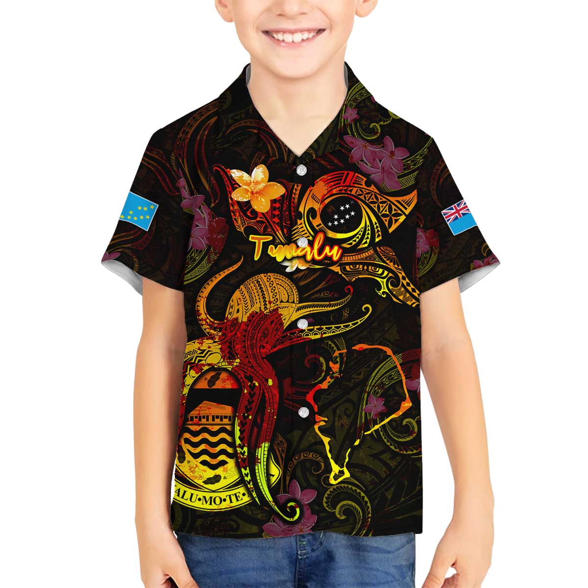 Tuvalu Family Matching Off The Shoulder Long Sleeve Dress and Hawaiian Shirt Octopus Plumeria Polynesian Tattoo