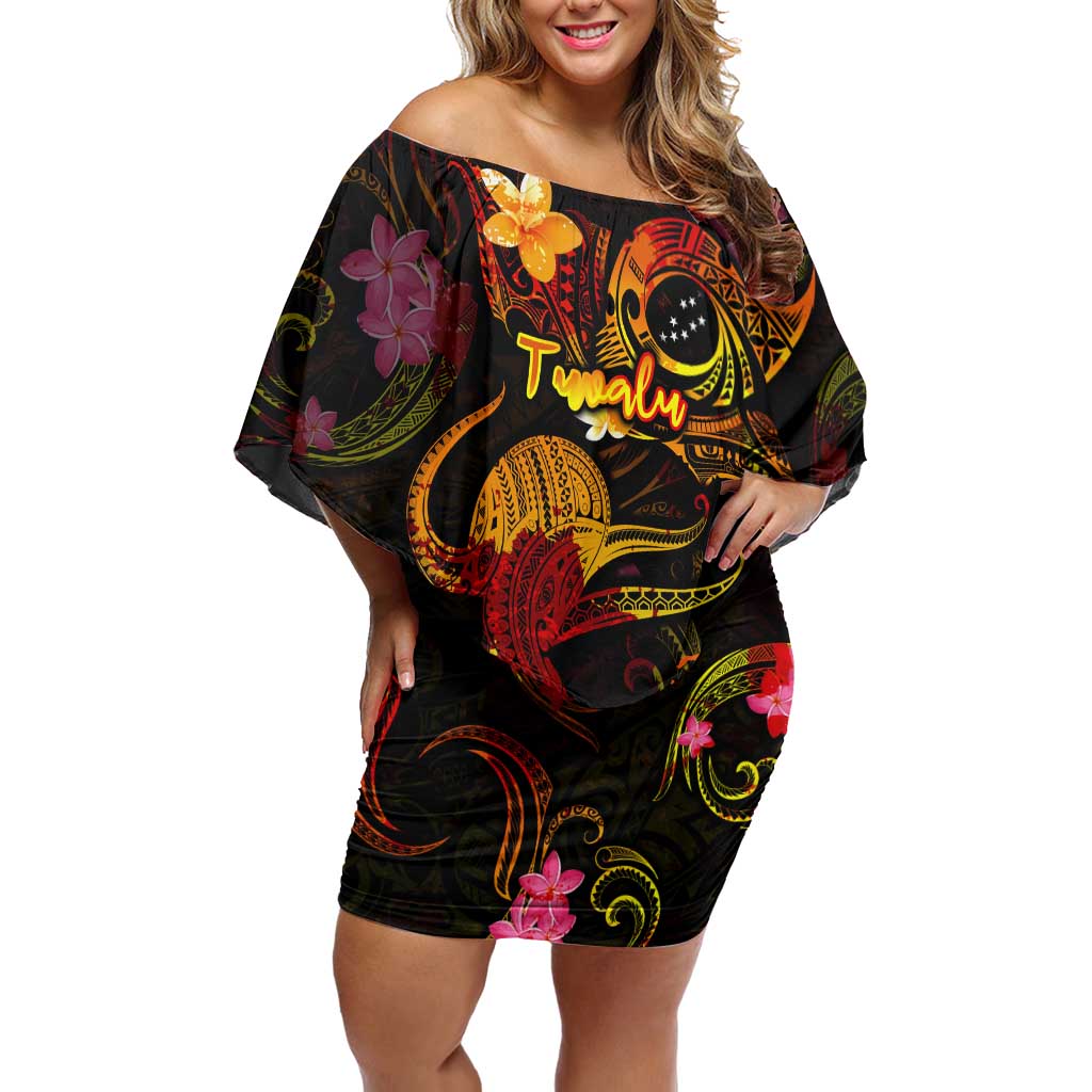 Tuvalu Off Shoulder Short Dress Octopus Plumeria Polynesian Tattoo