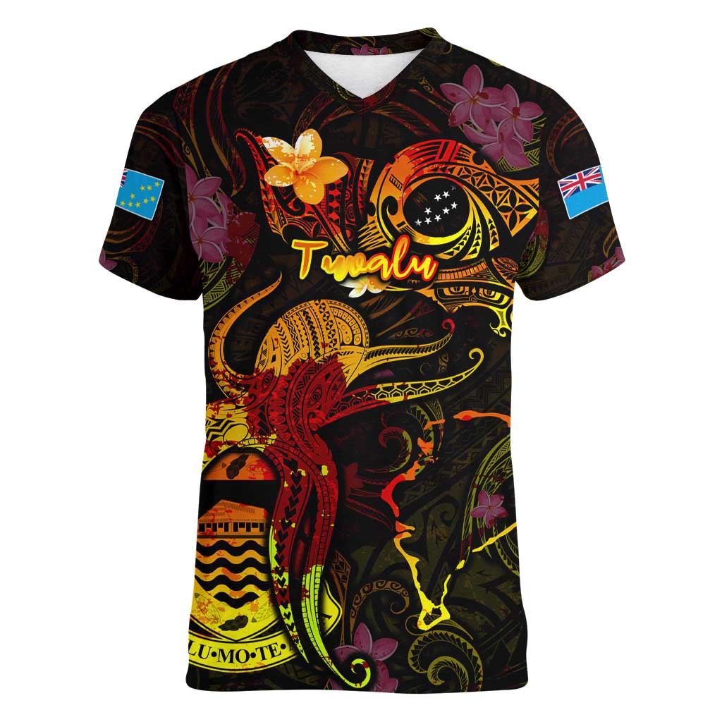 Tuvalu Women V-Neck T-Shirt Octopus Plumeria Polynesian Tattoo