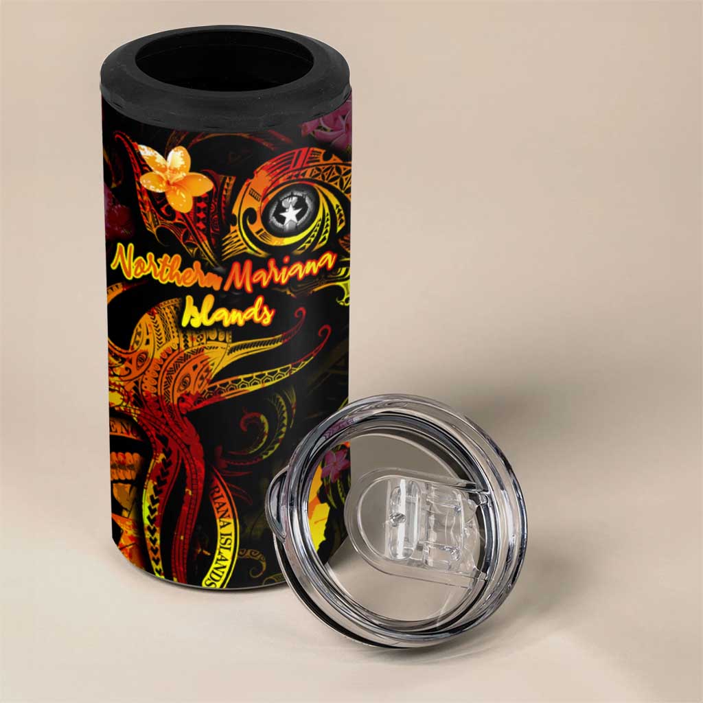 Northern Mariana Islands 4 in 1 Can Cooler Tumbler Octopus Plumeria Polynesian Tattoo