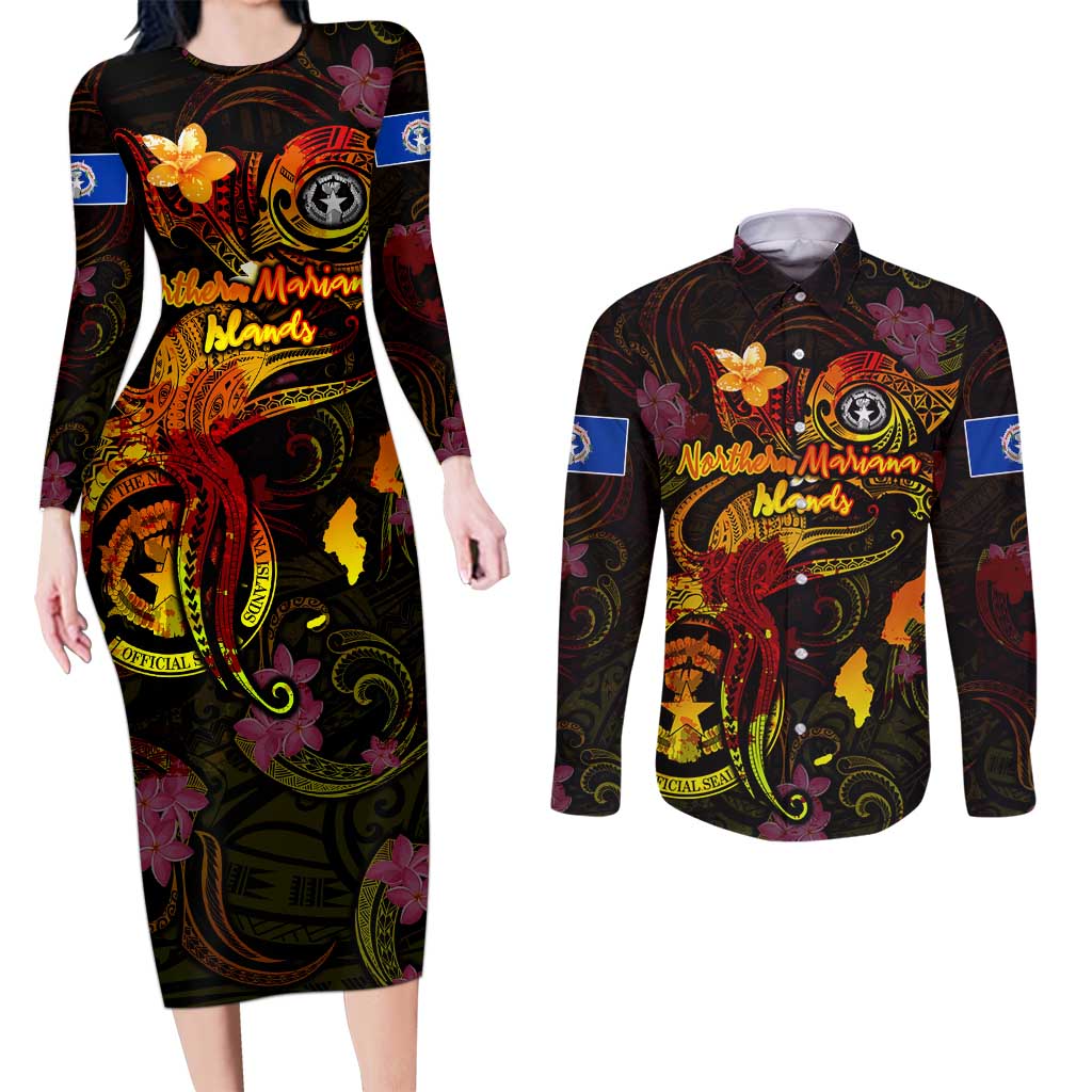 Northern Mariana Islands Couples Matching Long Sleeve Bodycon Dress and Long Sleeve Button Shirt Octopus Plumeria Polynesian Tattoo
