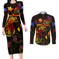 Northern Mariana Islands Couples Matching Long Sleeve Bodycon Dress and Long Sleeve Button Shirt Octopus Plumeria Polynesian Tattoo