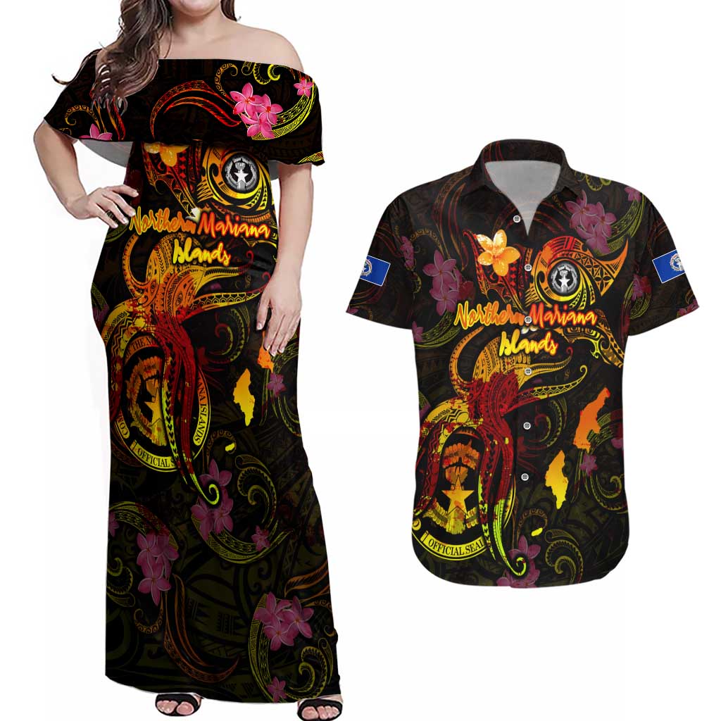 Northern Mariana Islands Couples Matching Off Shoulder Maxi Dress and Hawaiian Shirt Octopus Plumeria Polynesian Tattoo
