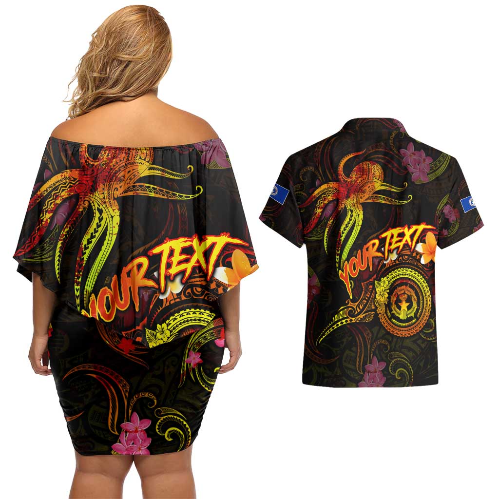 Northern Mariana Islands Couples Matching Off Shoulder Short Dress and Hawaiian Shirt Octopus Plumeria Polynesian Tattoo