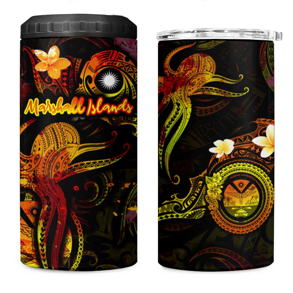 Marshall Islands 4 in 1 Can Cooler Tumbler Octopus Plumeria Polynesian Tattoo