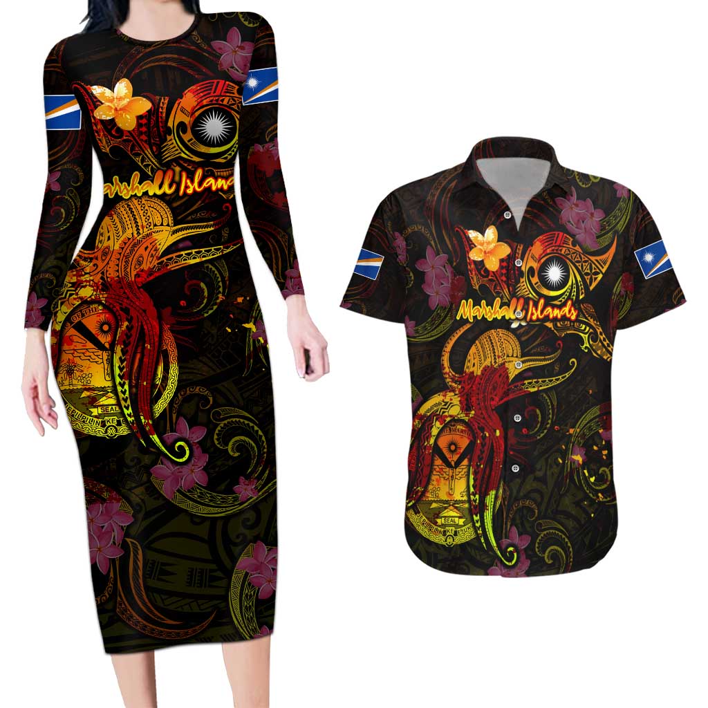 Marshall Islands Couples Matching Long Sleeve Bodycon Dress and Hawaiian Shirt Octopus Plumeria Polynesian Tattoo