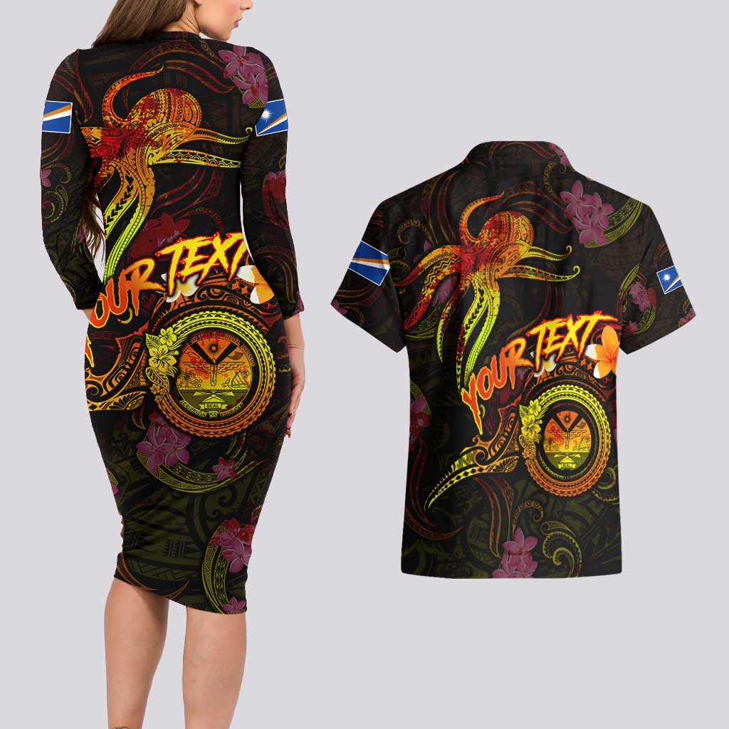 Marshall Islands Couples Matching Long Sleeve Bodycon Dress and Hawaiian Shirt Octopus Plumeria Polynesian Tattoo